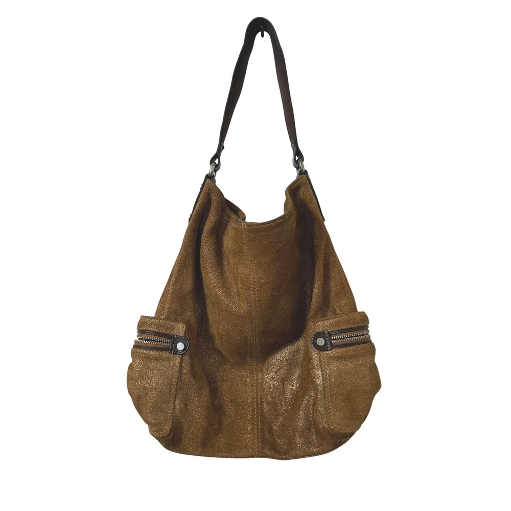 Tano Y2K Bronze Metallic Suede Leather Slouchy Hobo Shoulder Bag Side Pockets